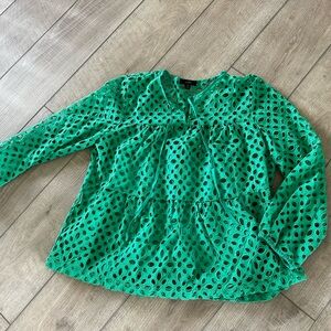 J Crew Green Eyelet Blouse, Medium